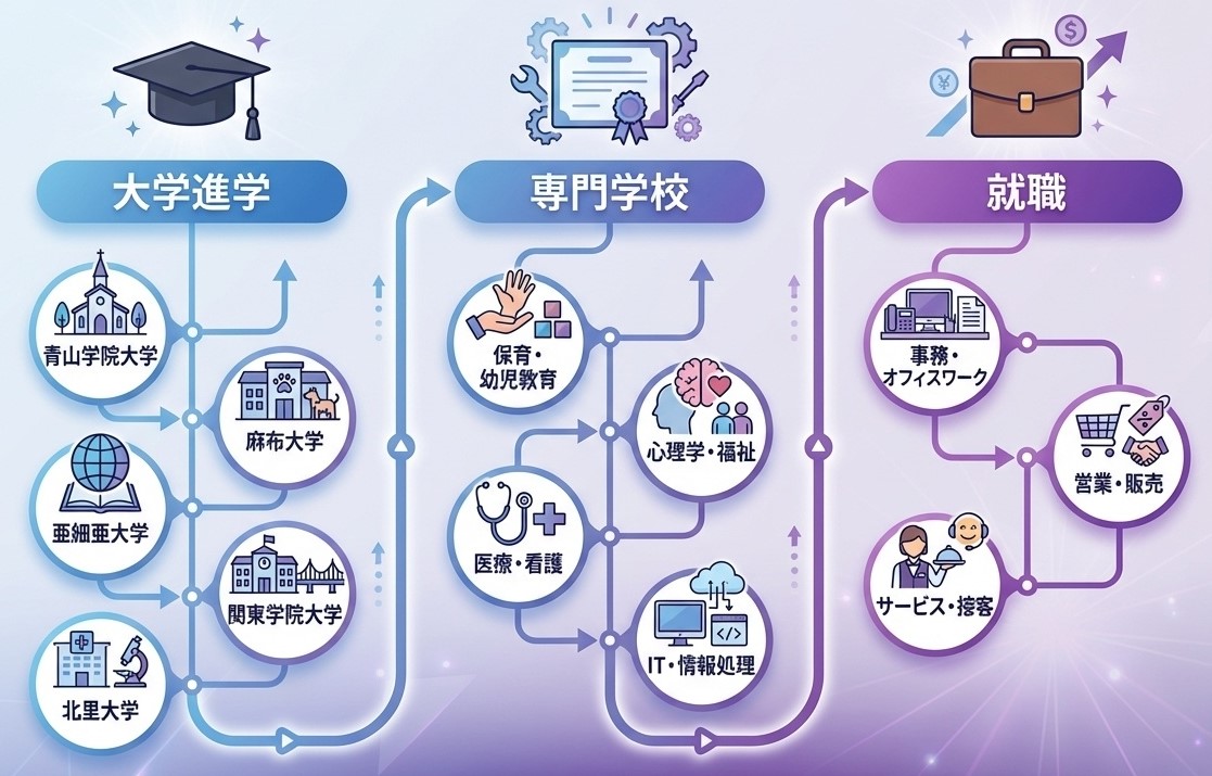 日々輝学園高等学校の進路実績(大学進学・専門学校進学・就職)の3つの進路パターン