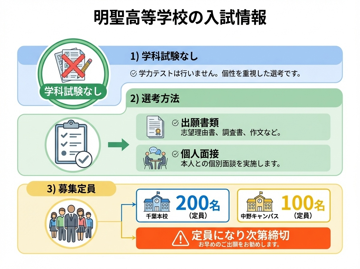 明聖高等学校の入試情報:学科試験なし、選考方法は出願書類と個人面接、募集定員は千葉本校200名・中野キャンパス100名(定員になり次第締切)