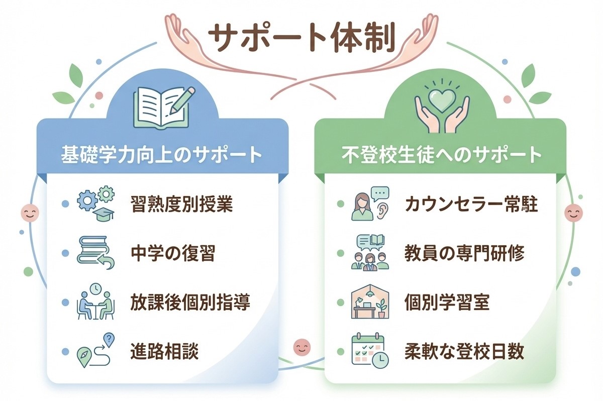 明聖高等学校のサポート体制:基礎学力向上のサポート(習熟度別授業・中学復習・個別指導)、不登校生徒へのサポート(カウンセラー常駐・個別学習室)