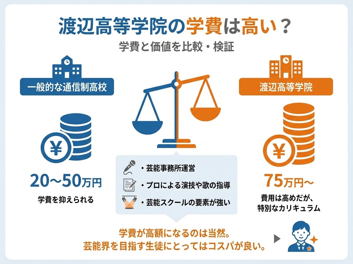 渡辺高等学院の学費は高い？ - 一般的な通信制高校は20〜50万円、渡辺高等学院は75万円〜、芸能事務所運営、プロによる演技や歌の指導、芸能スクールの要素が強い、学費が高額になるのは当然、芸能界を目指す生徒にとってはコスパが良い