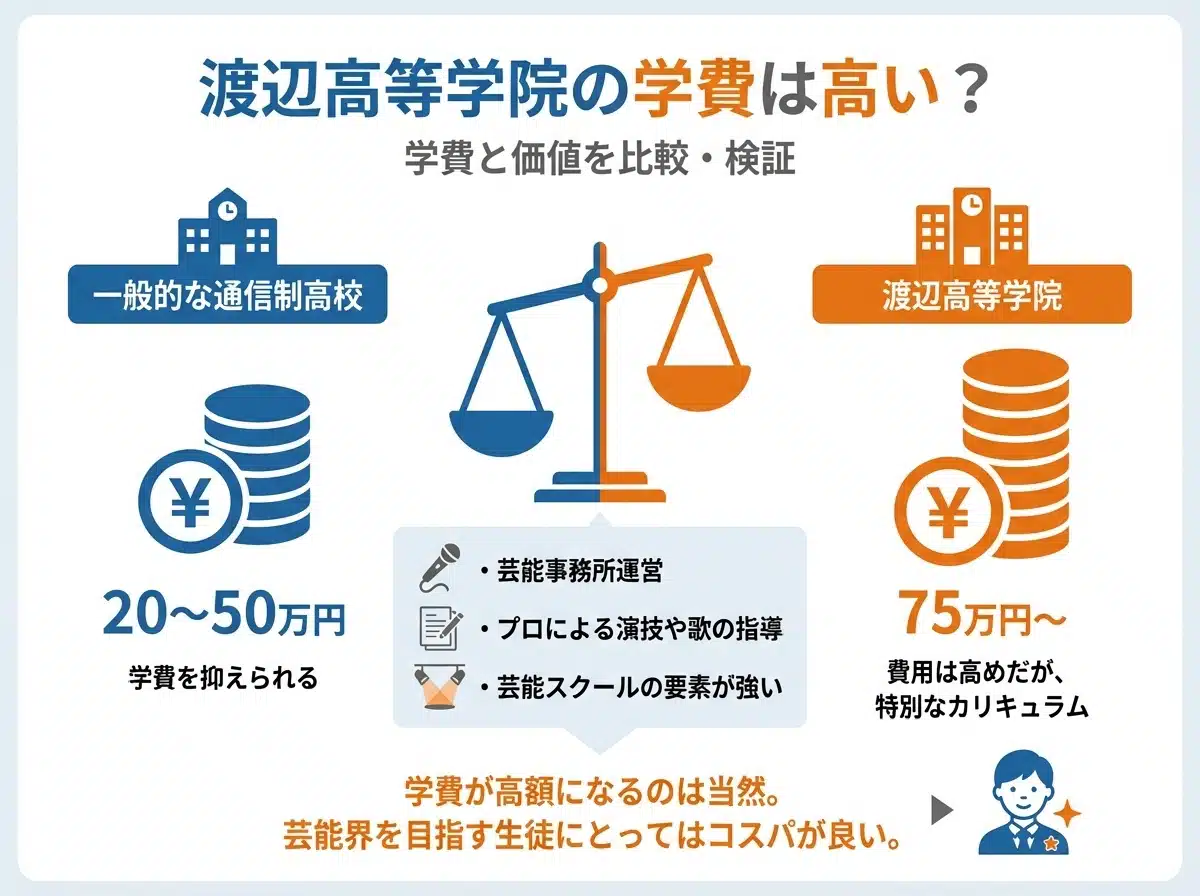 渡辺高等学院の学費は高い？ - 一般的な通信制高校は20〜50万円、渡辺高等学院は75万円〜、芸能事務所運営、プロによる演技や歌の指導、芸能スクールの要素が強い、学費が高額になるのは当然、芸能界を目指す生徒にとってはコスパが良い