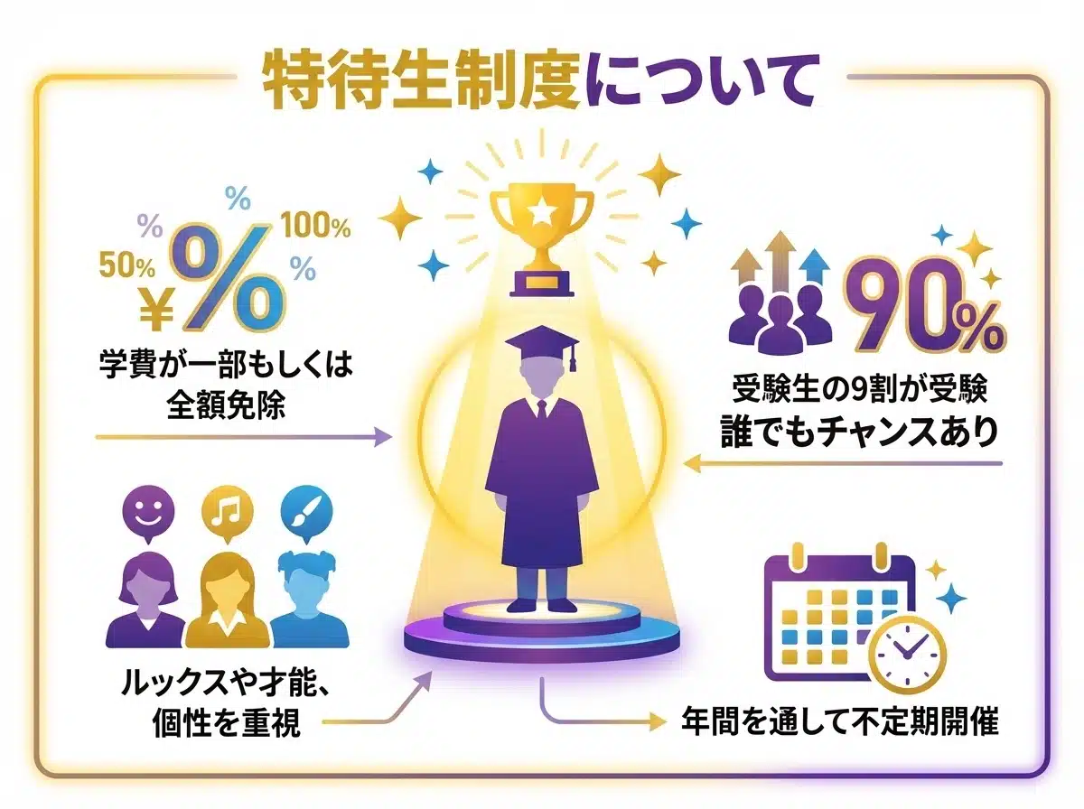 渡辺高等学院の特待生制度 - 学費が一部もしくは全額免除、受験生の9割が受験、誰でもチャンスあり、ルックスや才能・個性を重視、年間を通して不定期開催