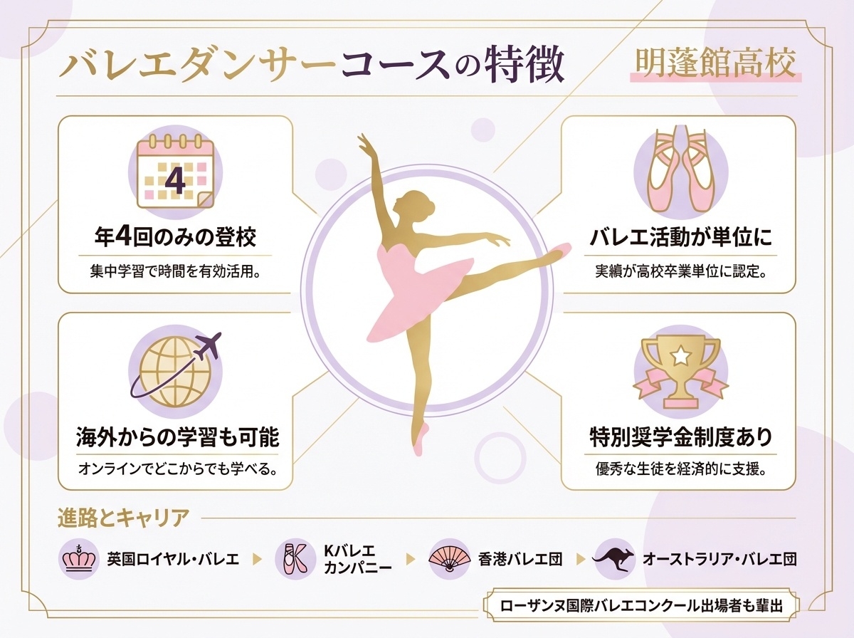 明蓬館高等学校バレエダンサーコースの特徴・年間4日登校・海外から受講可能・ローザンヌ国際バレエコンクール出場実績・進路先バレエ団紹介