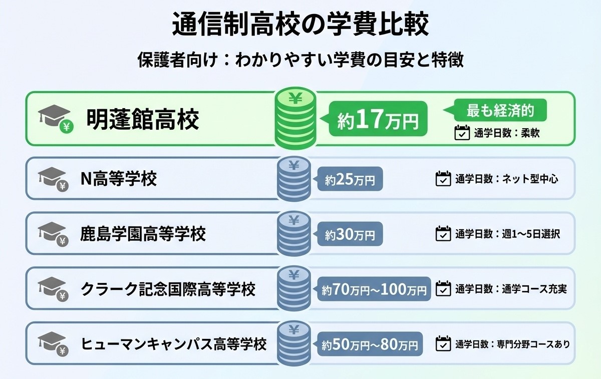 通信制高校の学費比較・明蓬館高等学校は年間17万円で他校より安い・N高校・鹿島学園・クラーク記念国際・ヒューマンキャンパスとの比較チャート