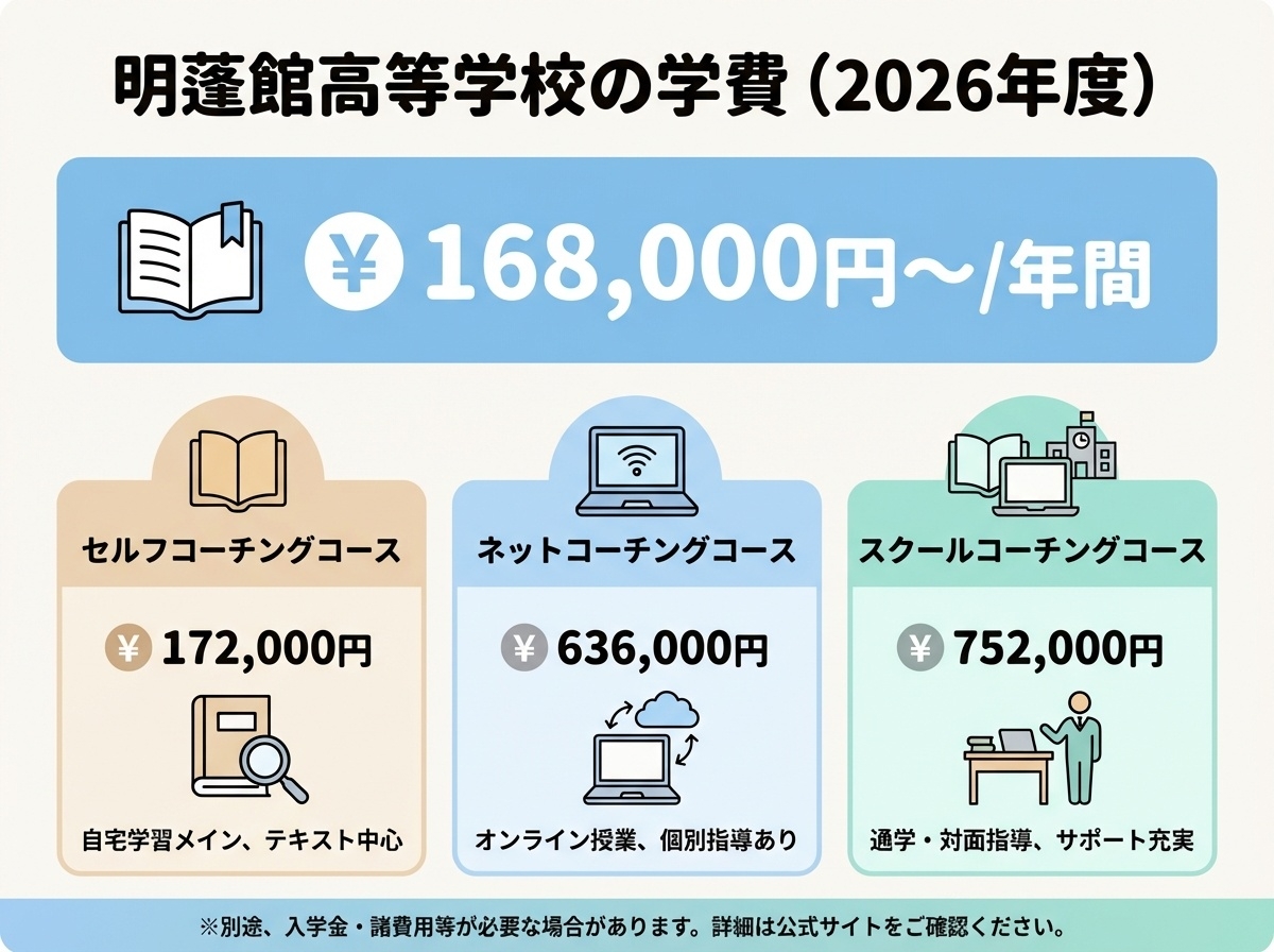 明蓬館高等学校の学費2026年度・年間168,000円から・セルフコーチングコース・ネットコーチングコース・スクールコーチングコースの料金比較インフォグラフィック