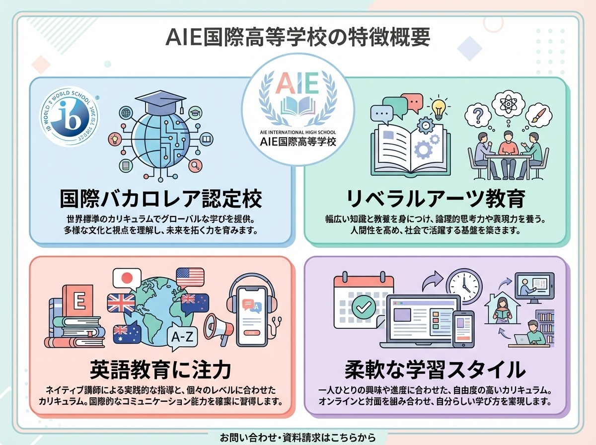 AIE国際高等学校の4つの特徴を示すインフォグラフィック：国際バカロレア認定校、リベラルアーツ教育、英語教育に注力、柔軟な学習スタイル
