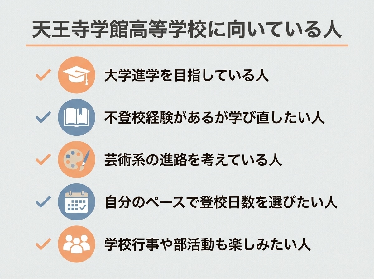 天王寺学館高等学校に向いている人の特徴5つ（大学進学志望・不登校経験・芸術系進路・自分のペース・学校行事も楽しみたい）