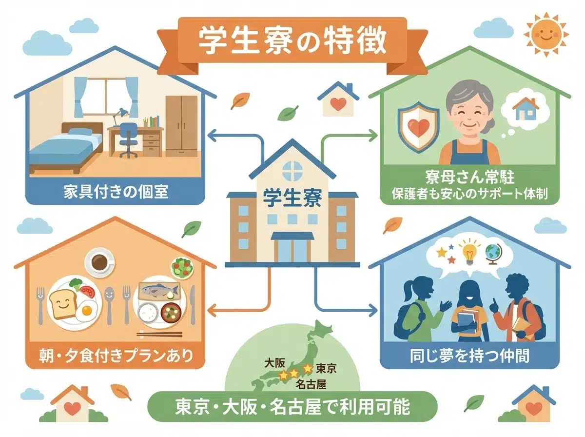 渡辺高等学院の学生寮の特徴 - 家具付きの個室、朝・夕食付きプランあり、寮母さん常駐、同じ夢を持つ仲間、保護者も安心のサポート体制、東京・大阪・名古屋で利用可能