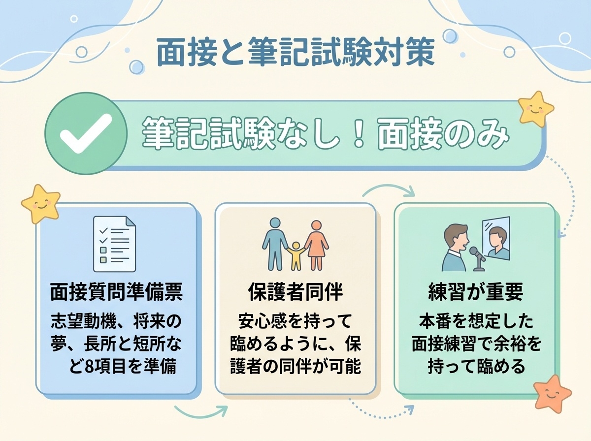 面接と筆記試験対策（筆記試験なし・面接のみ・8項目の質問準備・保護者同伴・練習が重要）