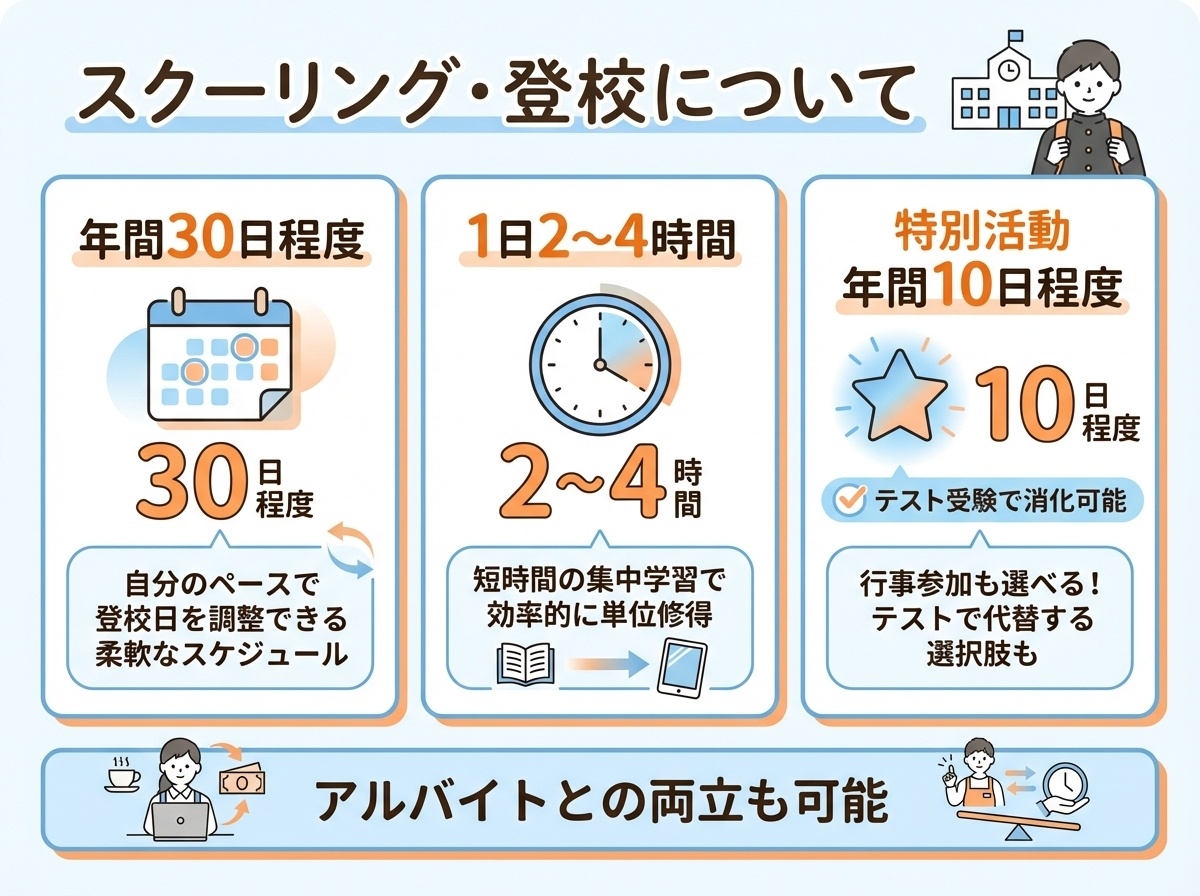 尚志高等学校のスクーリング・登校日数を示すインフォグラフィック。年間30日程度の登校、1日2〜4時間の受講、特別活動年間10日程度(テスト受験で消化可能)。アルバイトとの両立も可能な柔軟なスケジュール。