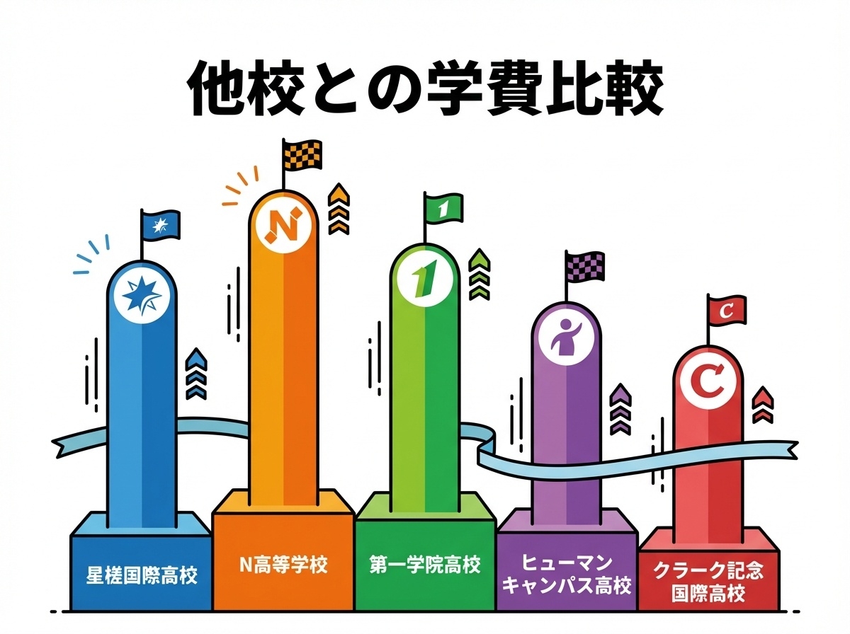 星槎国際高等学校と他の通信制高校の学費を視覚的に比較するインフォグラフィック。星槎国際、N高等学校、第一学院、ヒューマンキャンパス、クラーク記念国際の5校を色分けされたグラフバーで表現し、相対的な学費レベルを比較