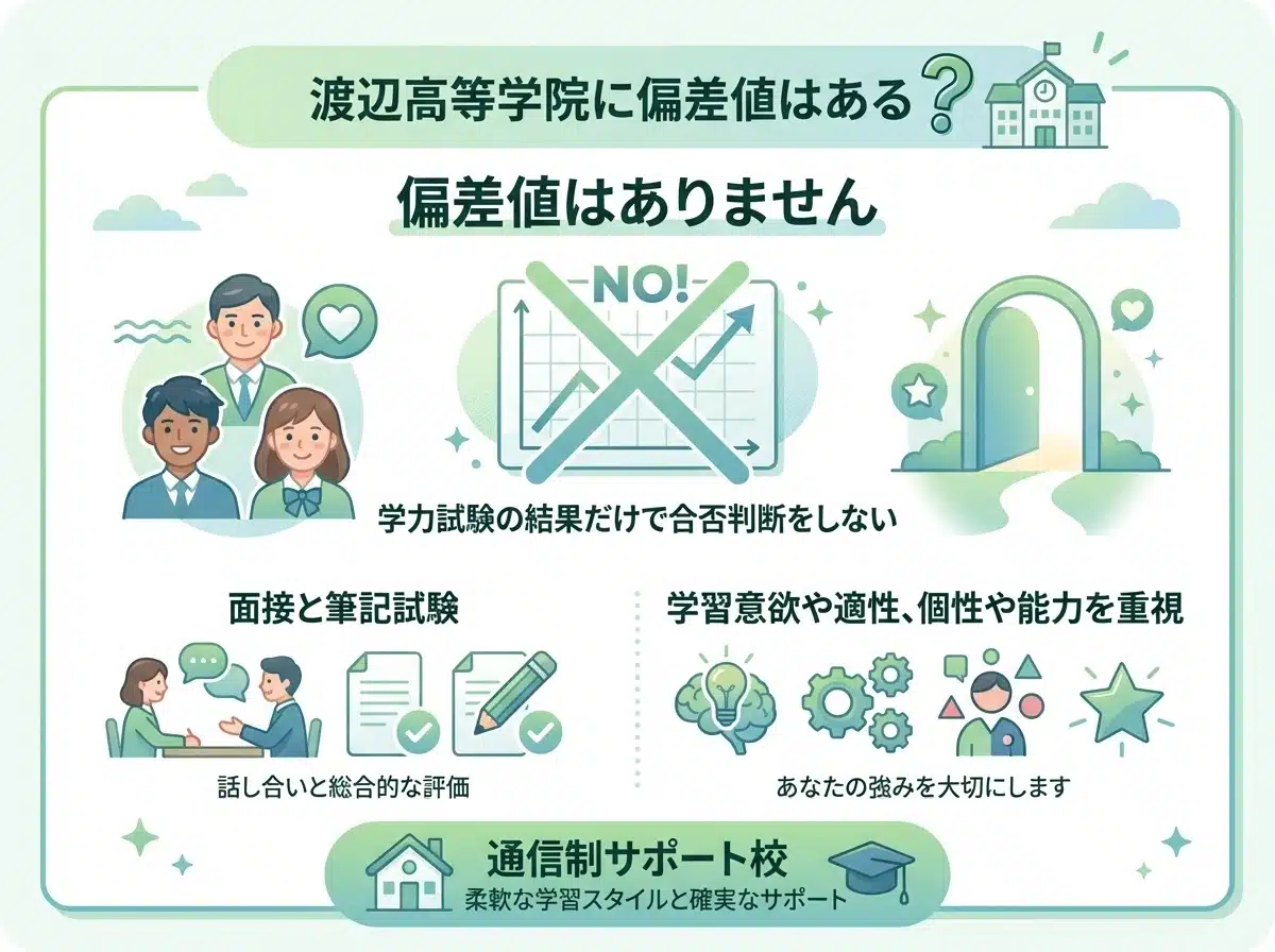 渡辺高等学院に偏差値はある？ - 偏差値はありません、学力試験の結果だけで合否判断をしない、面接と筆記試験、学習意欲や適性・個性や能力を重視、通信制サポート校