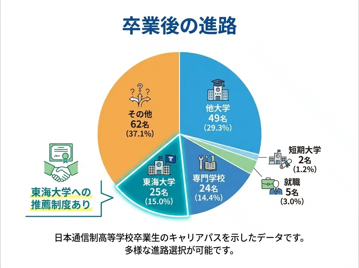 東海大学付属望星高等学校の卒業後進路実績 東海大学25名15% 他大学49名29.3% 専門学校24名 就職5名 東海大学推薦制度あり