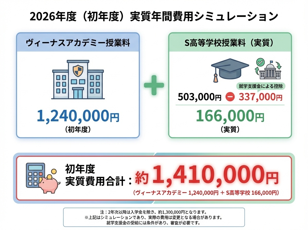 ヴィーナスアカデミー高等部2026年度学費内訳を示すインフォグラフィック。入学金10万円、設備充当費23万円、授業料80万円、実習費10万円、学友会費1万円、初年度合計124万円、別途S高等学校の学費が必要であることを図解