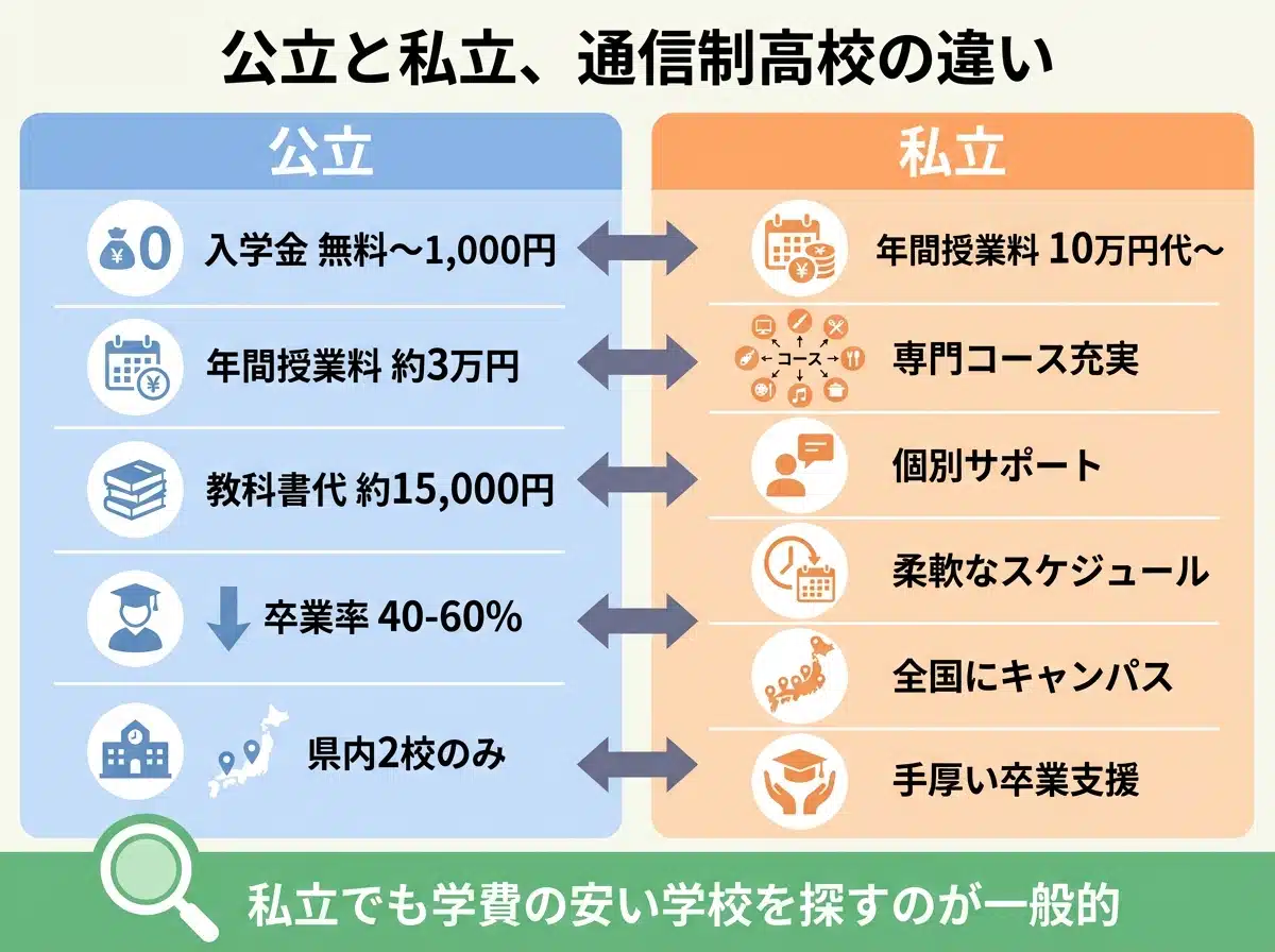 公立と私立の比較 - 公立校と私立校の学費、卒業率、サポート体制などの違いを左右に分けて比較表示しています