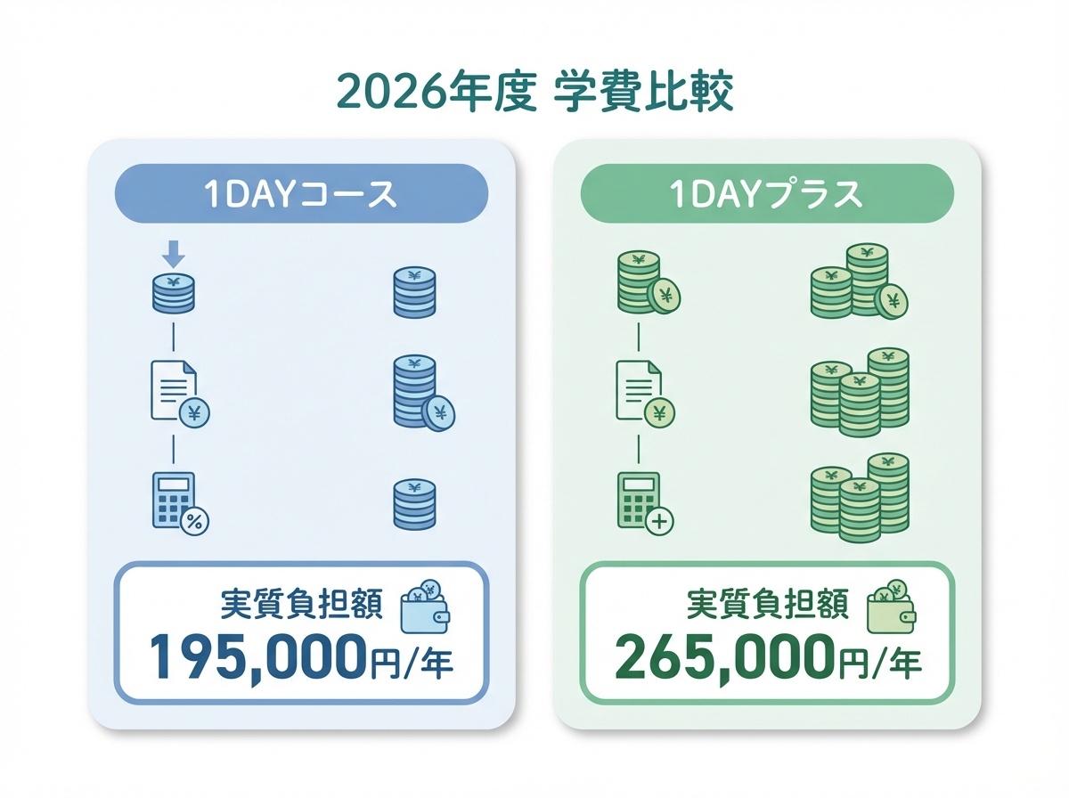 関西文化芸術高等学校2026年度学費比較。1DAYコース実質負担額195,000円/年、1DAYプラス265,000円/年をシンプルに比較したインフォグラフィック