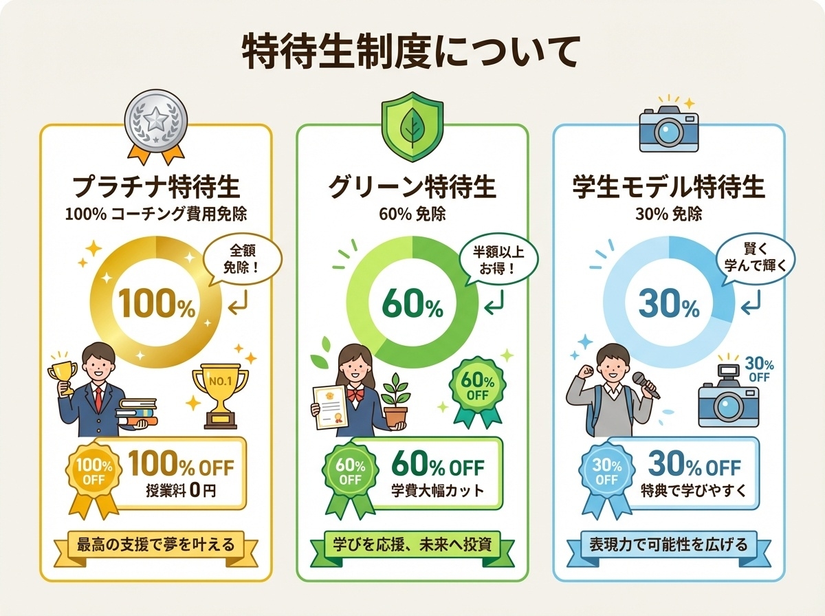 明蓬館高等学校の特待生制度・プラチナ特待生100%免除・グリーン特待生60%免除・ステューデントモデル特待生30%免除の説明インフォグラフィック