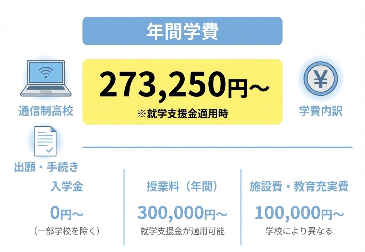 ワオ高等学校の年間学費は273,250円〜(就学支援金適用時)を示すインフォグラフィック
