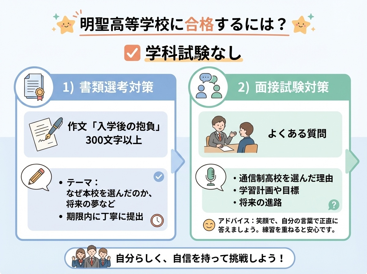 明聖高等学校に合格するには:書類選考対策(作文300文字以上)と面接試験対策(志望理由・学習計画・将来の進路)、学科試験なし