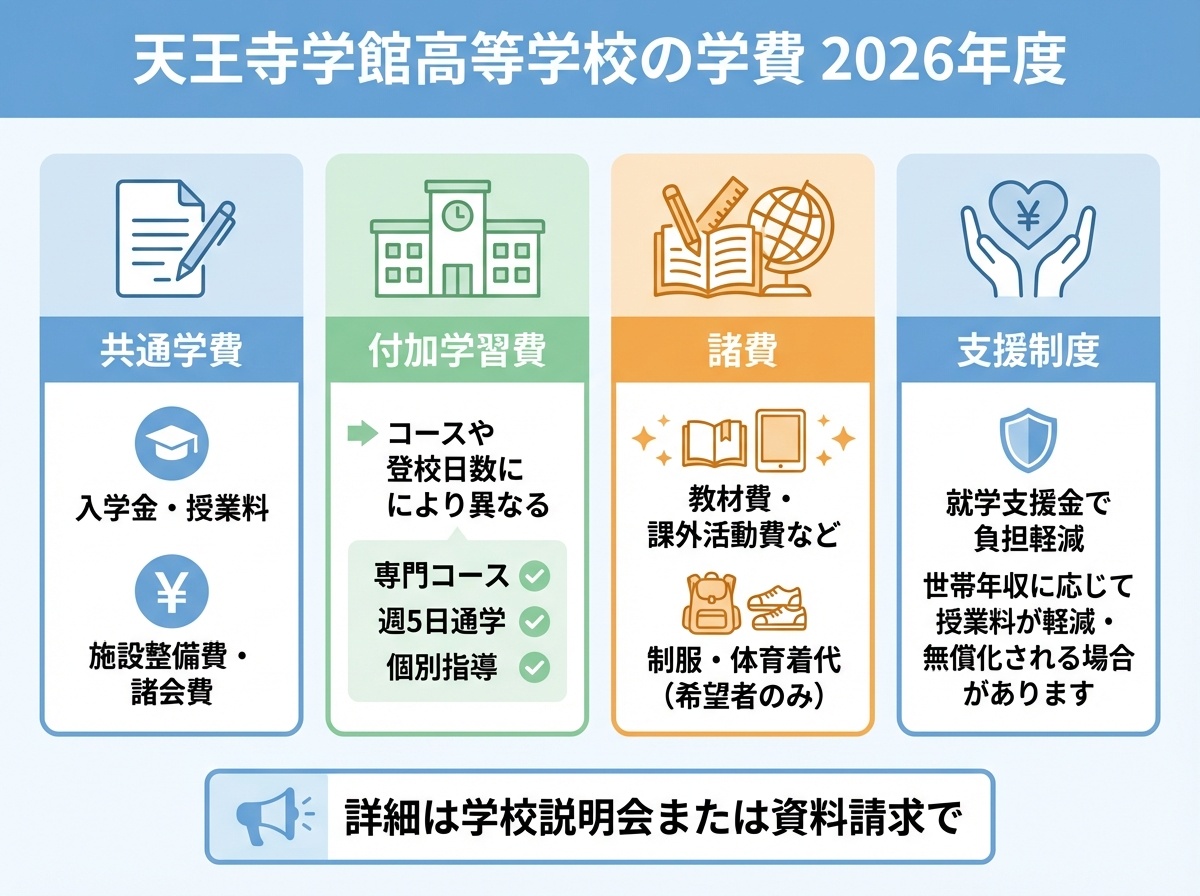 天王寺学館高等学校の学費2026年度（共通学費・付加学習費・諸費・就学支援金で負担軽減・詳細は学校説明会または資料請求で）