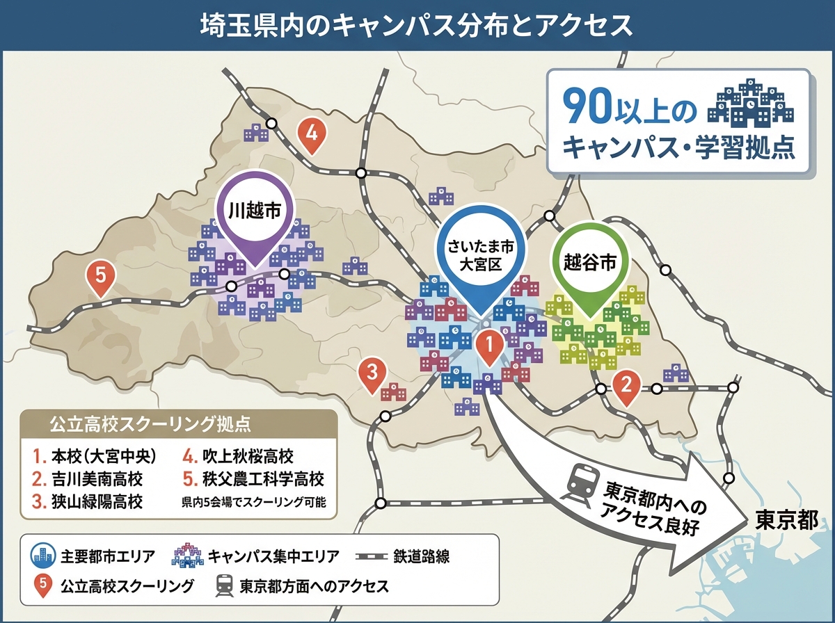 埼玉県の通信制高校の基本情報を示すインフォグラフィック。埼玉県の地図を中心に、公立1校と私立13校の計14校があることを図示。在籍生徒数は公立約3,430人、私立約3,590人で合計7,000人以上。主要キャンパスエリアは川越市、越谷市、さいたま市大宮区。90以上のキャンパス・学習拠点があることを強調。公立は埼玉県立大宮中央高等学校、私立には大川学園高校、霞ヶ関高等学校、国際学院高等学校、志学会高等学校、清和学園高等学校、創学舎高校、松栄学園高校、武蔵野星城高校、わせがく夢育高校、開智高校などがある。東京都内へのアクセスが良好であることも記載。フラットデザインで青とオレンジを基調としたカラースキーム。