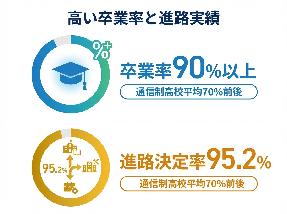 飛鳥未来きずな高等学校の卒業率90%以上、進路決定率95.2%という高い実績を示すインフォグラフィック