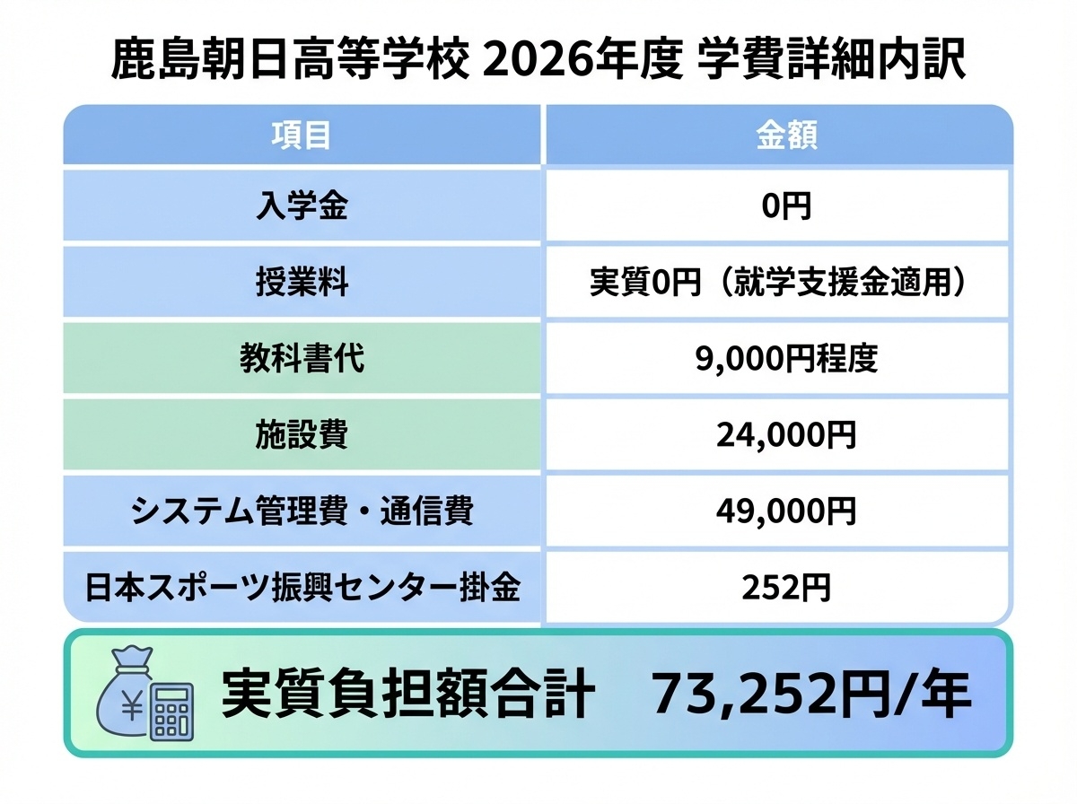 鹿島朝日高等学校の学費詳細内訳 2026年度 入学金・授業料・施設費・教科書代などの明細