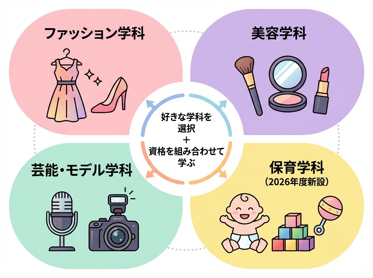 BLEA女子高等部の4学科概要インフォグラフィック。ファッション学科、美容学科、芸能・モデル学科、保育学科（2026年度新設）の4つの学科を図解し、好きな学科と資格を組み合わせて学べることを説明