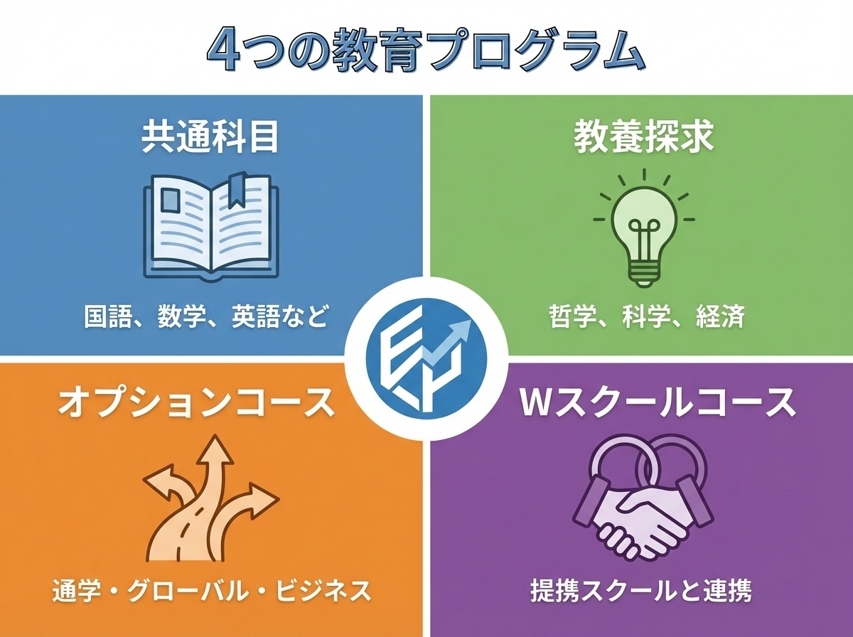 ワオ高等学校の4つの教育プログラム(共通科目、教養探求、オプションコース、Wスクールコース)の構造を示すインフォグラフィック