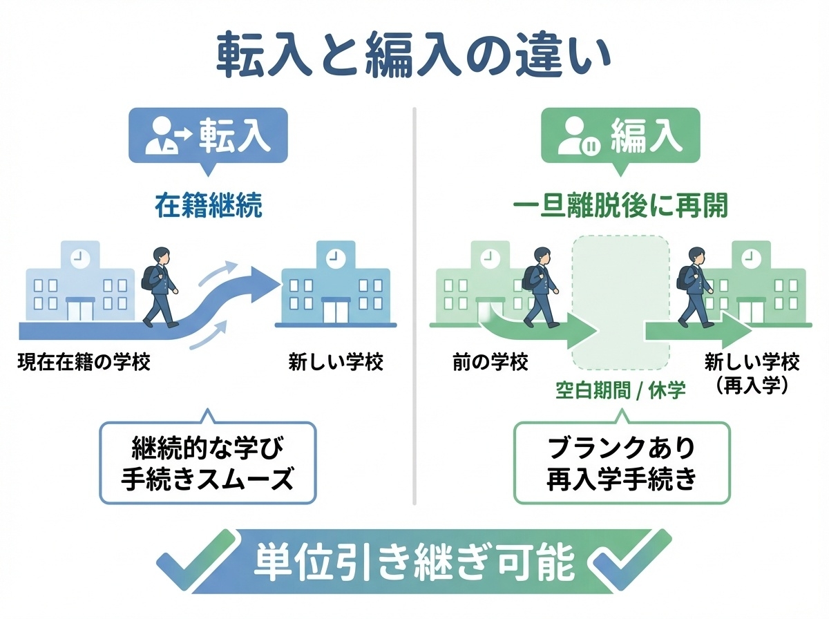 飛鳥未来きずな高等学校の転入と編入の違いを比較し、単位引き継ぎが可能であることを説明したインフォグラフィック