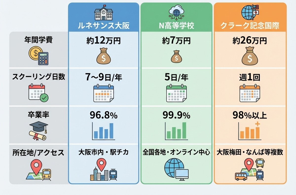 大阪府内の通信制高校比較表。ルネサンス大阪・N高等学校・クラーク記念国際高校の学費、スクーリング日数、卒業率、立地を比較したインフォグラフィック