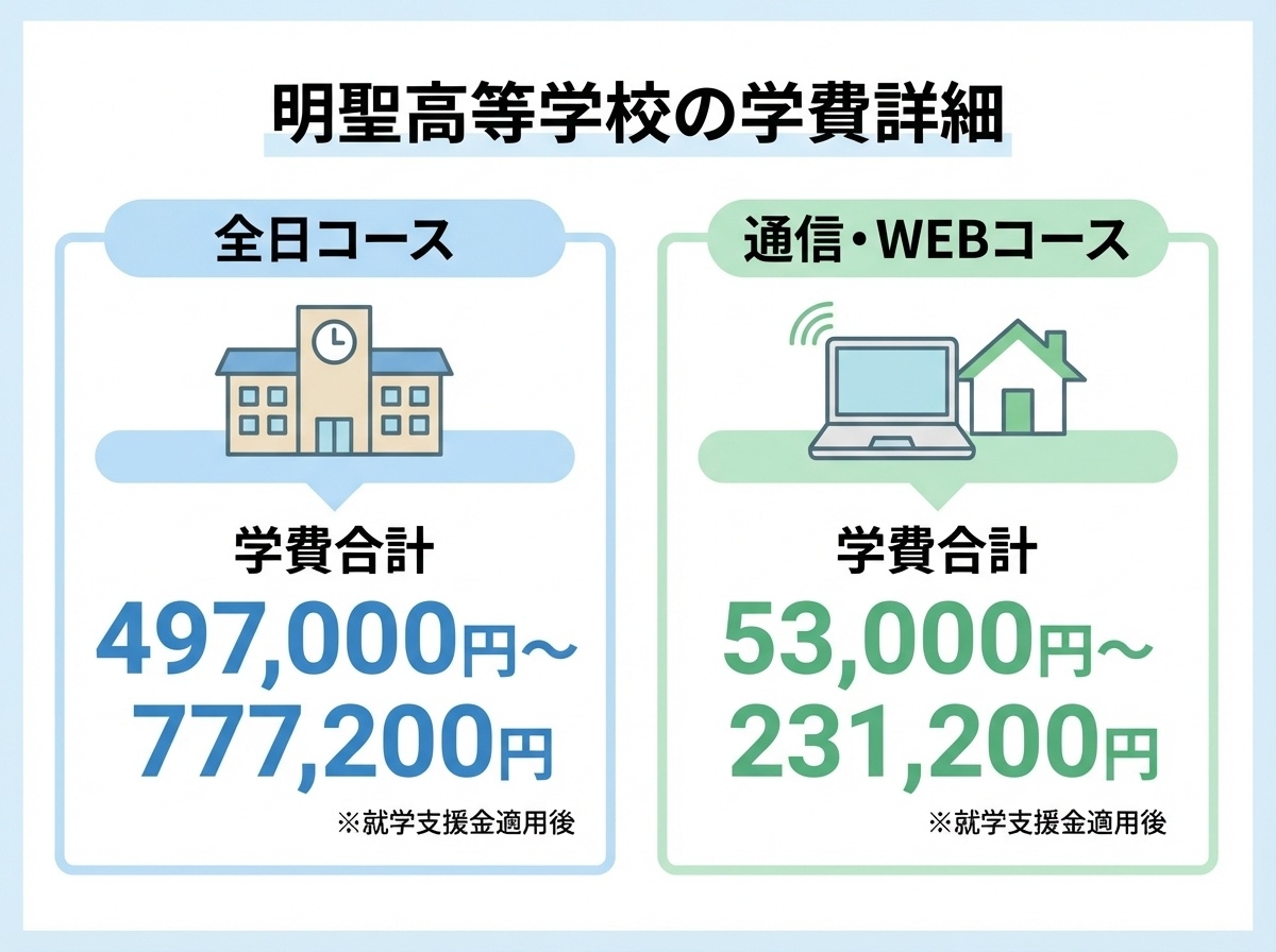 明聖高等学校の学費詳細:全日コース497,000円〜777,200円、通信・WEBコース53,000円〜231,200円(就学支援金適用後)