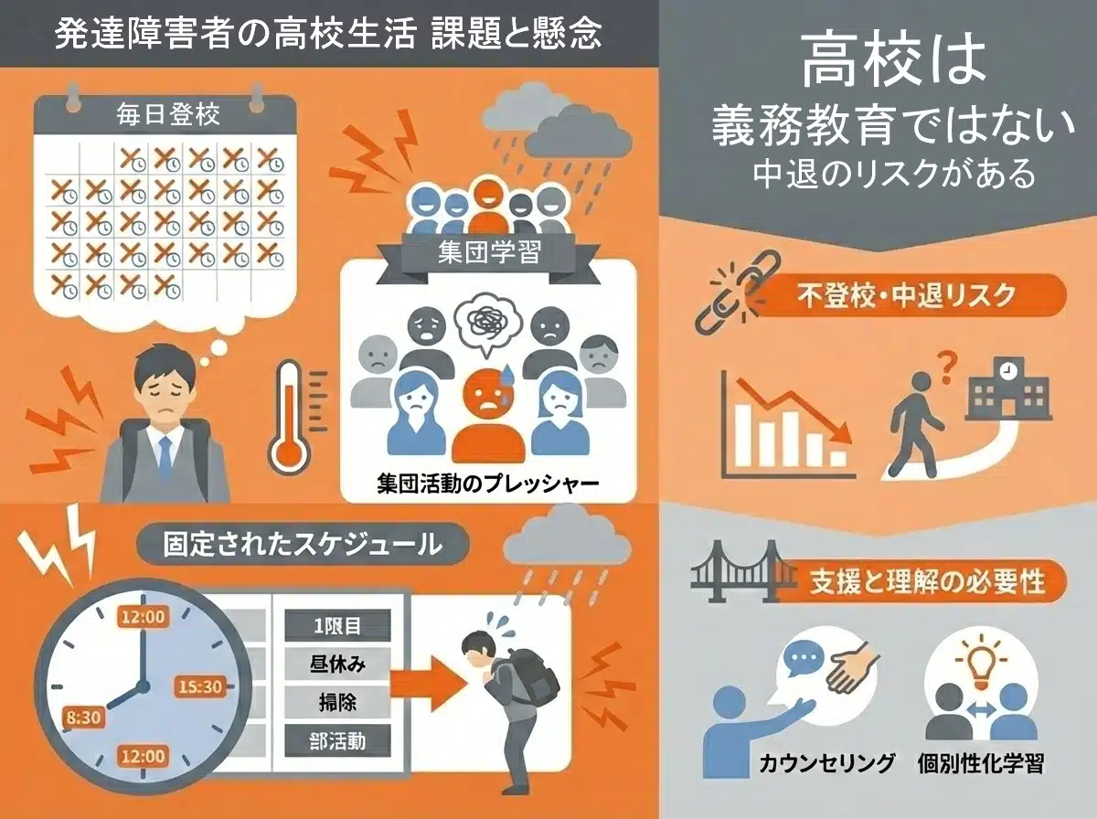 発達障害のある生徒にとっての全日制高校の課題:毎日の登校義務、集団活動のプレッシャー、固定された時間割、ストレス要因、中退のリスクを示すインフォグラフィック