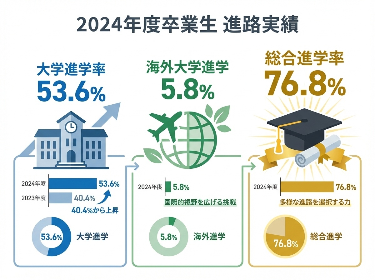 ワオ高等学校の2024年度卒業生進路実績(大学進学率53.6%、海外大学進学5.8%、総合進学率76.8%)を示すインフォグラフィック