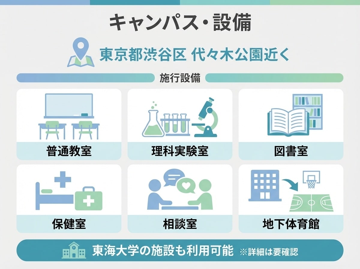 東海大学付属望星高等学校のキャンパスと設備 渋谷区代々木公園近く 普通教室・理科実験室・図書室・体育館完備 東海大学施設も利用可能