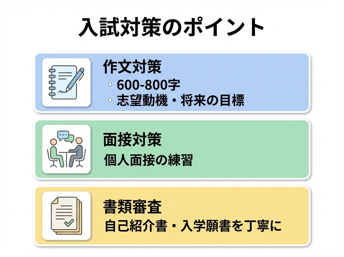 関西文化芸術高等学校入試対策のポイント。作文対策(600-800字・志望動機)、面接対策(個人面接の練習)、書類審査(自己紹介書・入学願書を丁寧に)を示すインフォグラフィック