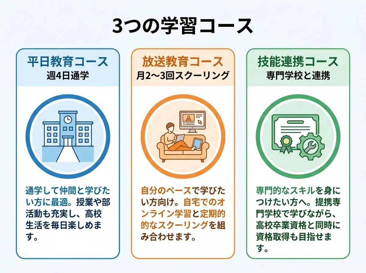 東海大学付属望星高等学校の3つの学習コース 平日教育コース週4日通学 放送教育コース月2-3回 技能連携コース専門学校連携