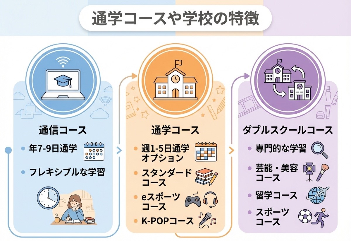 ルネサンス大阪高校の3つのコースを紹介するインフォグラフィック。通信コース、通学コース（週1-5日・eスポーツ・K-POP）、ダブルスクールコース（芸能・美容・留学・スポーツ）の特徴を図解