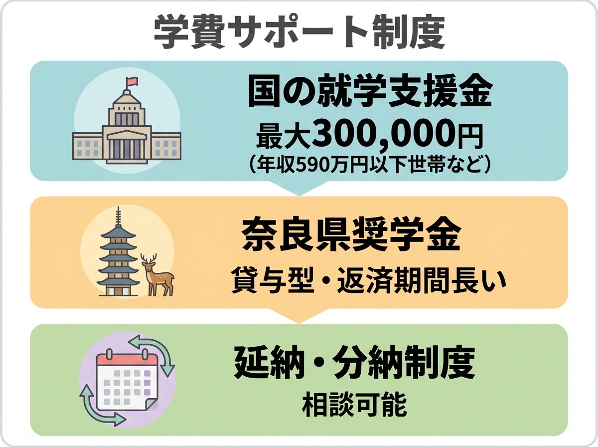 関西文化芸術高等学校の学費サポート制度。国の就学支援金(最大300,000円)、奈良県奨学金(貸与型)、延納・分納制度(相談可能)を示すインフォグラフィック