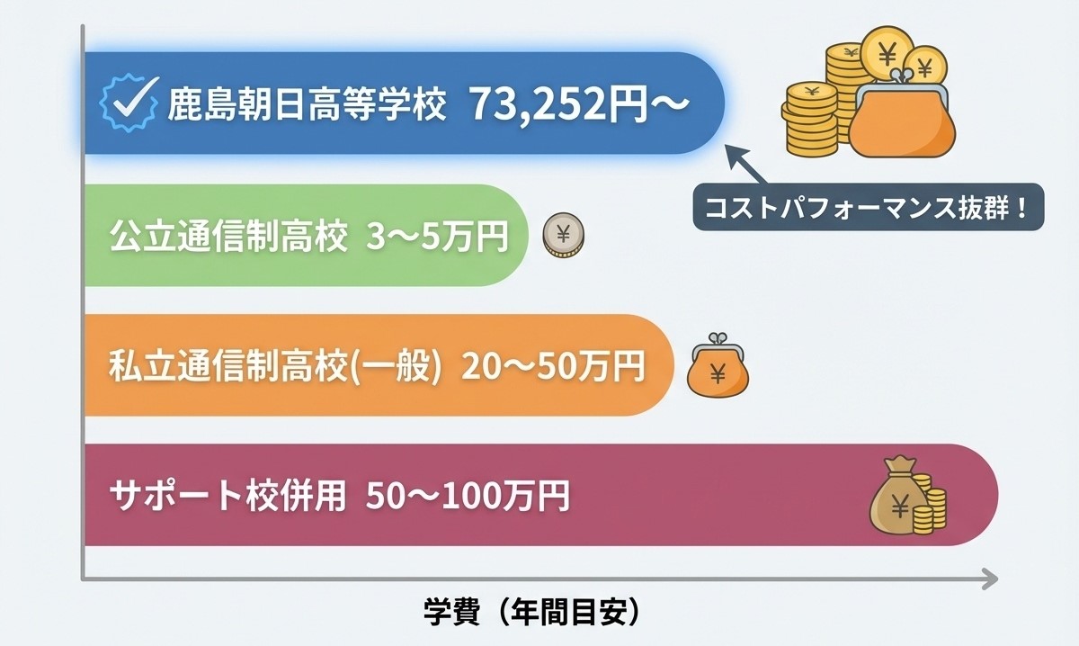 通信制高校の学費比較 鹿島朝日高等学校と公立・私立・サポート校の年間学費相場