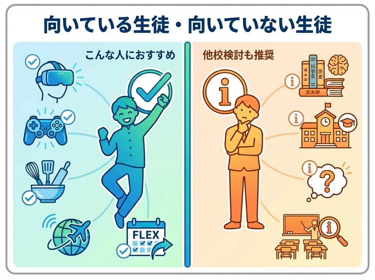 AOIKE高等学校に向いている生徒と向いていない生徒の比較インフォグラフィック。左半分はポジティブなイメージでVR・eスポーツ・留学に興味がある人におすすめ、右半分は他校検討も推奨する内容をバランス良く表示