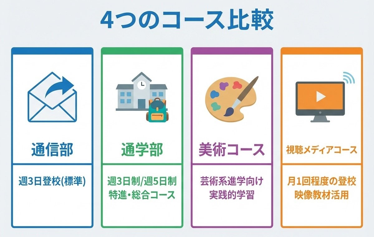 天王寺学館高等学校の4つのコース比較（通信部・通学部・美術コース・視聴メディアコース）