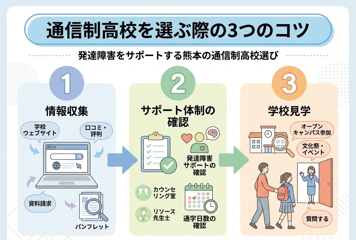 熊本で発達障害に理解のある通信制高校の選び方3つのコツ:1.情報収集(ネット・口コミ・資料請求)、2.サポート体制の確認(発達障害支援・登校日数)、3.学校見学(説明会・文化祭参加・質問準備)を示すインフォグラフィック