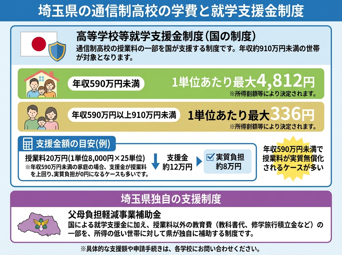埼玉県の通信制高校の学費と就学支援金制度を説明するインフォグラフィック。国の制度である高等学校等就学支援金について、世帯年収に応じた2段階の支給額を図示。年収590万円未満は1単位あたり最大4,812円、年収590万円以上910万円未満は1単位あたり最大336円。支援金額の計算例として、授業料20万円(1単位8,000円×25単位)から支援金約12万円を差し引くと実質負担は約8万円になることを矢印図で示す。年収590万円未満で授業料が実質無償化されるケースが多いことを強調。下部に埼玉県独自の支援制度として父母負担軽減事業補助金があり、国の就学支援金と合わせてさらに負担軽減できることを紫色で表示。フラットデザインで緑、黄色、青、紫のパステルカラーを使用し、計算の透明性と財政支援情報を重視したレイアウト