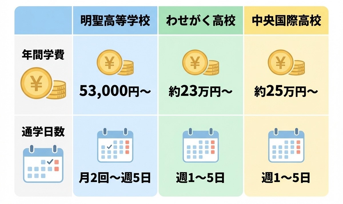 千葉県内の通信制高校比較:明聖高等学校・わせがく高校・中央国際高校の年間学費と通学日数の比較