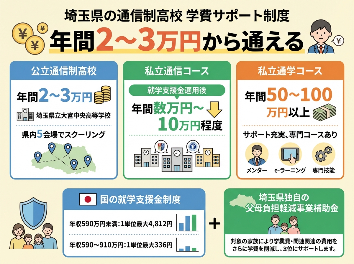埼玉県の通信制高校の学費サポート制度を説明するインフォグラフィック。上部に年間2〜3万円から通えることを大きく表示。3つのコスト層を横並びで図示。左側(青色):公立通信制高校は年間2〜3万円、埼玉県立大宮中央高等学校で県内5会場でスクーリング可能。中央(緑色):私立通信コースは就学支援金適用後で年間数万円〜10万円程度、複数の学校選択肢あり。右側(オレンジ色):私立通学コースは年間50〜100万円以上だがサポート充実と専門コースあり。中段に支援制度として国の就学支援金制度(年収590万円未満は1単位最大4,812円、年収590〜910万円は1単位最大336円)と埼玉県独自の父母負担軽減事業補助金をプラス記号で結ぶ。計算例として授業料20万円から支援金12万円を引いて実質負担8万円になることを矢印フローで示す。下部に年収590万円未満の世帯では授業料が実質無償化されるケースが多いことを星アイコンで強調。フラットデザインで青・緑・オレンジ・紫のカラースキーム、財政的アクセシビリティを重視したレイアウト