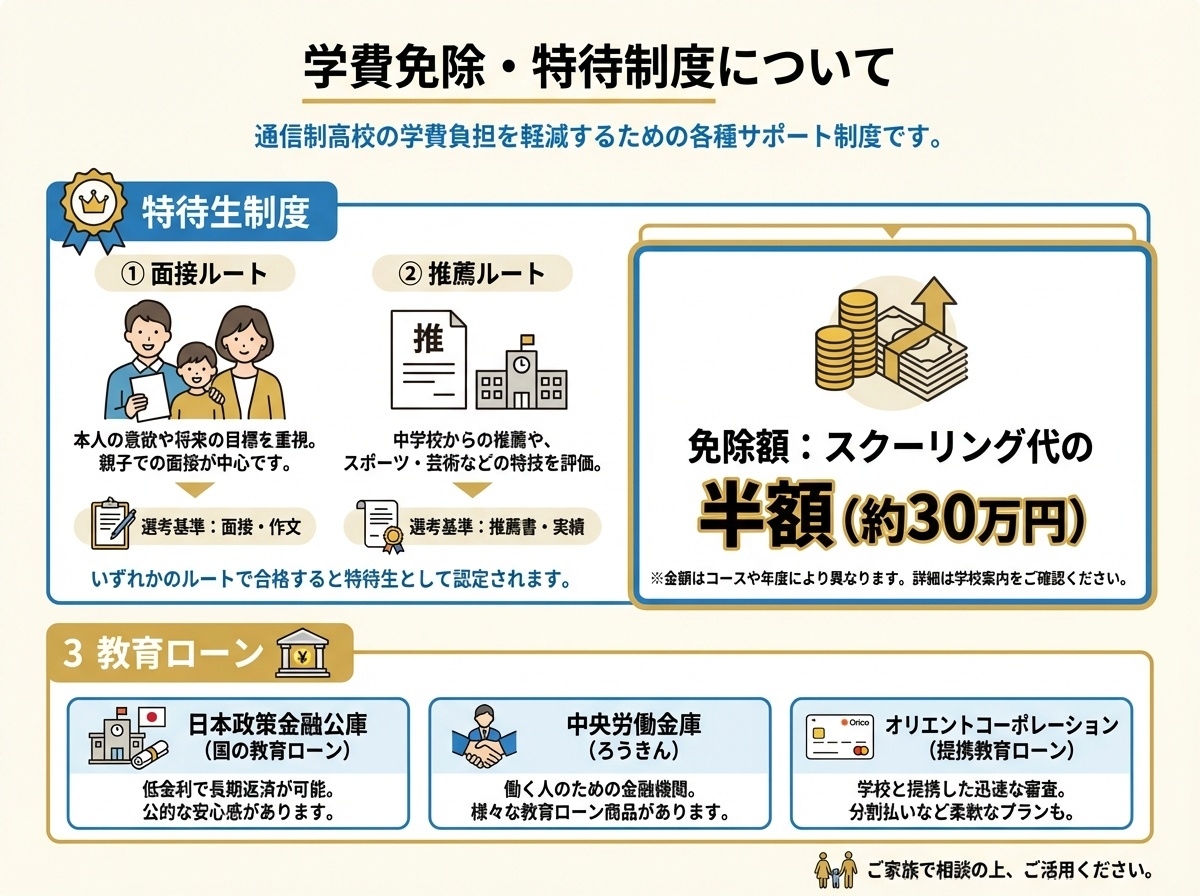 星槎国際高等学校の学費免除・特待制度を解説するインフォグラフィック。特待生制度（面談と推薦入試の2ルート）によるスクーリング代半額約30万円免除と、3つの教育ローン（日本政策金融公庫・中央労働金庫・オリエントコーポレーション）を図解