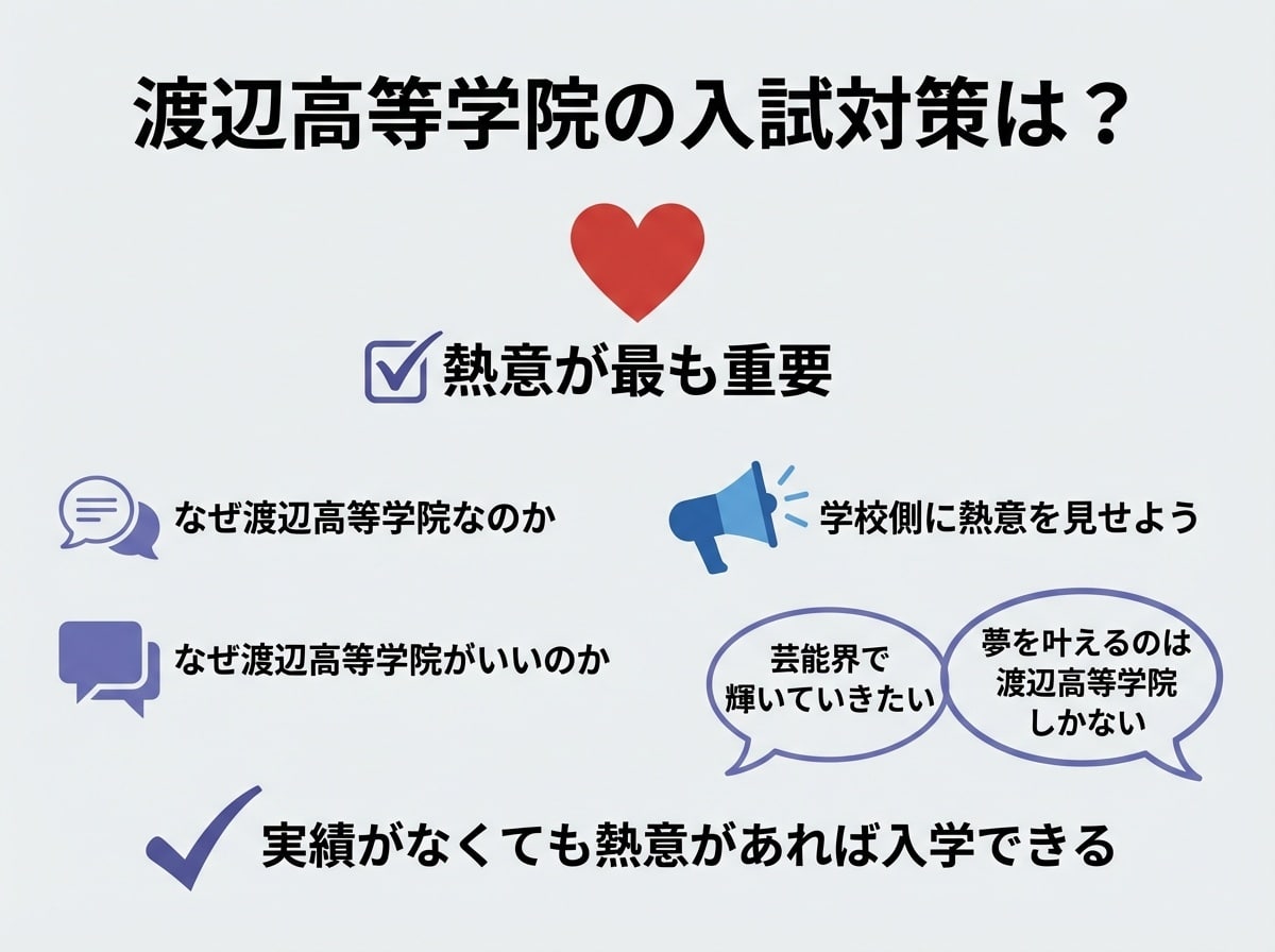渡辺高等学院の入試対策 - 熱意が最も重要、学校側に熱意を見せよう、なぜ渡辺高等学院なのか、なぜ渡辺高等学院がいいのか、芸能界で輝いていきたい、夢を叶えるのは渡辺高等学院しかない、実績がなくても熱意があれば入学できる