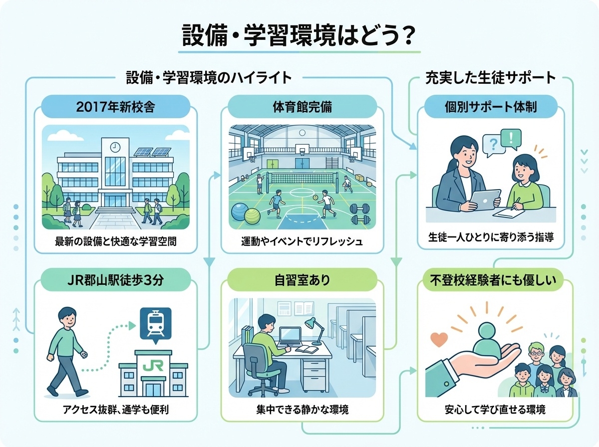 尚志高等学校の設備・学習環境を示すインフォグラフィック。2017年竣工の新校舎、JR郡山駅徒歩3分の好立地、体育館完備、自習室あり。個別サポート体制で不登校経験者にも優しい環境を提供。