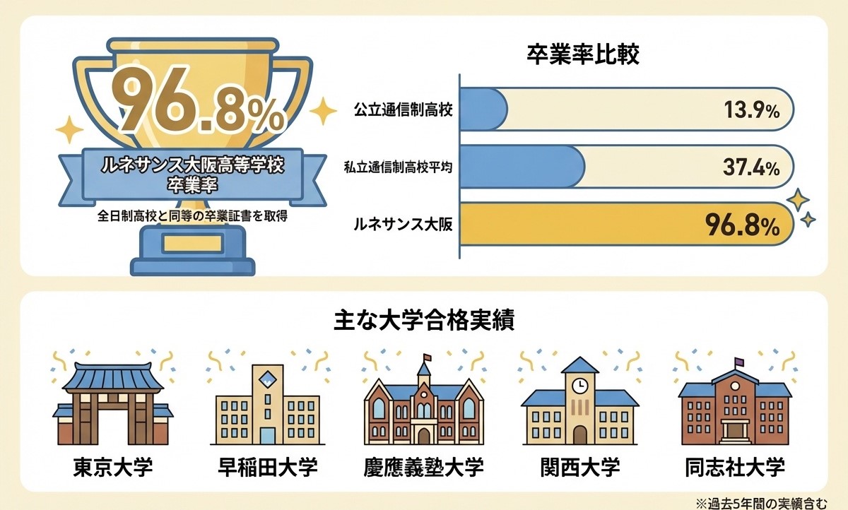 ルネサンス大阪高等学校の卒業率96.8%と進学実績を示すインフォグラフィック。公立通信制13.9%、私立平均37.4%との比較、東京大学・早稲田・慶應など難関大学合格実績を図解